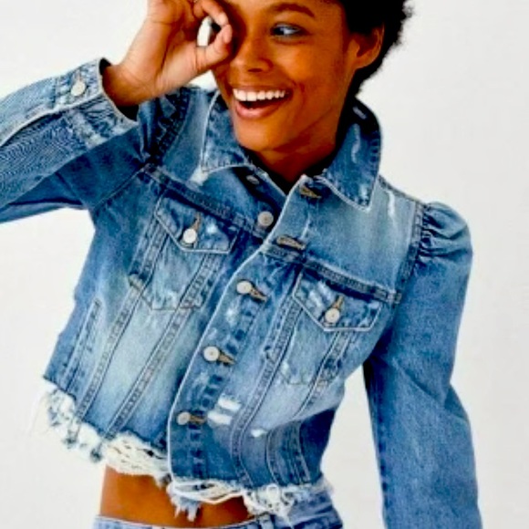 ZARA puffed Ripped Denim Jean Jacket - Picture 5 of 12